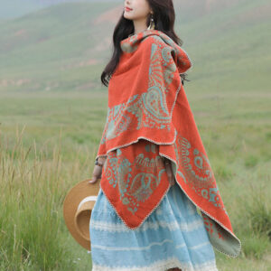 Buddha Stones Tibetan Shawl Simple Pattern Winter Cozy Travel Scarf Wrap Tibetan Shawl BS Orange 150*130cm