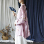 Buddha Stones Pink Flower Print Frog-button Design Batwing Long Sleeve Ramie Linen Jacket Shirt Women's Shirts BS 21
