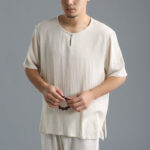 Buddha Stones Men's Solid Color Round Neck Short Sleeve Cotton Linen Shirt Men's Shirts BS 16