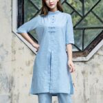 Buddha Stones 2Pcs Half Sleeve Shirt Top Pants Meditation Zen Tai Chi Linen Clothing Women's Set Women's Meditation Cloth BS Blue(Top&Pants) 2XL(Bust 102cm/Waist 78-102cm/Hips 110cm)