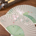 Buddha Stones Jasmine Lotus Begonia Flowers Handheld Silk Bamboo Folding Fan