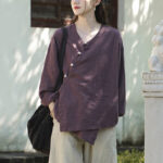 Buddha Stones Solid Color Ramie Linen Loose Blouse Long Sleeve Shirt Chinese Hanfu Top Long Sleeve Shirt BS 22