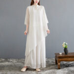 Buddha Stones 2Pcs Three Quarter Sleeve Irregular Design Shirt Wide Leg Pants Meditation Chiffon Women's Set Women's Meditation Cloth BS 1