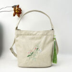 Buddha Stones Embroidery Wisteria Plum Lotus Cherry Blossom Cotton Linen Canvas Tote Crossbody Bag Shoulder Bag Handbag Crossbody Bag BS Beige Small Pink White Flower 19*20*10cm