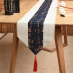 Buddha Stones Classic Chinese Style Lotus Koi Fish Flower Crane Calligraphy Enlightenment Cotton Linen Tassels Table Runner Table Runner BS 36