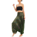 Buddha Stones Two Style Wear Peacock Feather Loose Smocked Harem Trousers Jumpsuit High Waist Pants Harem Pants BS 14