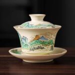 Buddha Stones A Panorama of Rivers and Mountains Flowers Ceramic Gaiwan Sancai Teacup Kung Fu Tea Cup And Saucer With Lid Cup BS 1
