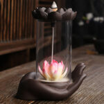 Buddha Stones Buddha Hand Lotus Enlightenment LED Light Purple Clay Ceramic Incense Burner Decoration Incense Burner BS 5