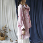 Buddha Stones Pink Flower Print Frog-button Design Batwing Long Sleeve Ramie Linen Jacket Shirt Women's Shirts BS 18