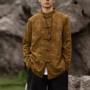 Buddha Stones Bamboo Leaves Clothing Chinese Tang Suit Jacket Coat Men Clothing Clothes BS Yellow(Top Only) 5XL(Suitable for Weight 105-115kg)