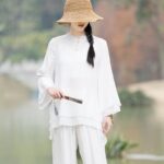 Buddha Stones 2Pcs Plain Design Top Pants Meditation Yoga Zen Tai Chi Cotton Linen Clothing Women's Set Clothes BS 21
