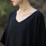 Buddha Stones Solid Color V-Neck Half Sleeve Ramie Linen Midi Dress With Pockets Midi Dress BS 15