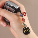 Buddha Stones Ebony Wood Lucky Cat Auspicious Cloud Peace Key Chain Phone Hanging Decoration Key Chain BS 5
