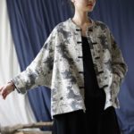 Buddha Stones Black Gray Print Frog-button Design Long Sleeve Cotton Linen Jacket Shirt With Pockets Women's Shirts BS 16