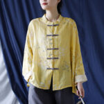Buddha Stones Yellow Phoenix Print Frog-button Design Long Sleeve Ramie Linen Jacket Shirt Women's Shirts BS 5