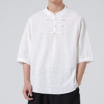 Buddha Stones Frog-Button Plaid Pattern Chinese Tang Suit Half Sleeve Shirt Cotton Linen Men Clothing Men's Shirts BS White 5XL(Fit for US/UK/AU48; EU58)