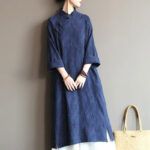 Buddha Stones Flower Jacquard Midi Dress Long Sleeve Cotton Linen Dress Wide Leg Pants With Pockets 43