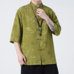 Buddha Stones Peach Blossom Bamboo Leaves Frog-button Chinese Half Sleeve Shirt Men T-shirt T-shirt BS 8