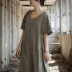 Buddha Stones Handmade Tie Dye V-Neck Midi Dress Linen Short Sleeve Dress 22