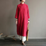 Buddha Stones Flower Jacquard Midi Dress Long Sleeve Cotton Linen Dress Wide Leg Pants With Pockets 18