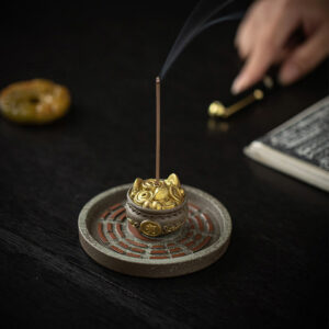 Buddha Stones Small Treasure Bowl Lucky Bag Bagua Tray Healing Ceramic Stick Incense Burner Decoration Incense Burner BS Brown Treasure Bowl Bagua Tray 10.1*10.1*3.2cm