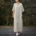 Buddha Stones Solid Color V-Neck Half Sleeve Ramie Linen Midi Dress With Pockets Midi Dress BS 6