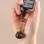 Buddha Stones Ebony Wood Lucky Cat Auspicious Cloud Peace Key Chain Phone Hanging Decoration Key Chain BS 4