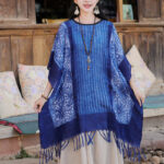 Buddha Stones Blue Geometric Stripes Batik Shawl Tassels Cozy Travel Pullover 90*95cm 3
