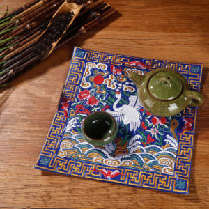 Buddha Stones Crane Phoenix Dragon Kirin Embroidered Cup Mat Pad Tea Cup Coaster Square Kung Fu Tea Mat Tea Mat BS Blue Crane
