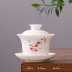 Buddha Stones White Porcelain Mountain Landscape Countryside Ceramic Gaiwan Teacup Kung Fu Tea Cup And Saucer With Lid Cup BS Long Cup-Plum Blossom(8.8cm*10cm*140ml)