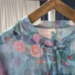 Buddha Stones Pink Flowers Green Leaves Print Frog-button Design Long Sleeve Ramie Linen Jacket Shirt Women's Shirts BS 10