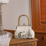 Buddha Stones Auspicious Clouds Cranes Embroidery Bamboo Handle Handbag Crossbody Bag Crossbody Bag&Handbags BS Auspicious Clouds Cranes White 24*8.5*16.5cm