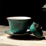 Buddha Stones Retro Green Glaze Ceramic Gaiwan Sancai Teacup Kung Fu Tea Cup And Saucer With Lid Cup BS 3