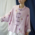 Buddha Stones Pink Flower Print Frog-button Design Batwing Long Sleeve Ramie Linen Jacket Shirt Women's Shirts BS 1