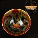 Buddha Stones Maple Leaf Colorful Ceramic Teacup Home Tea Cups Cup BS 9.5cm*4.5cm*110ml Green