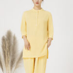 Buddha Stones 2Pcs Solid Color Three Quarter Shirt Top Pants Meditation Zen Tai Chi Cotton Linen Clothing Women's Set Women's Meditation Cloth BS Yellow(Top&Pants) 2XL(Bust 112cm/Waist 70-104cm/Pants Length 101cm)