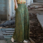 Buddha Stones Green Yellow Ramie Linen Flexible Waistband Wide Leg Pants With Pockets Women's Wide Leg Pants BS 2