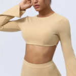 Buddha Stones Long Sleeve Backless Strap Top Bra Flare Pants Fitness Yoga Outfit 2-Piece Outfit BS Brown Top US8/10/XL