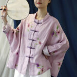 Buddha Stones Pink Flower Print Frog-button Design Batwing Long Sleeve Ramie Linen Jacket Shirt Women's Shirts BS 3
