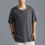 Buddha Stones Men's Solid Color Round Neck Short Sleeve Cotton Linen Shirt Men's Shirts BS 2