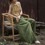 Buddha Stones Green Yellow Ramie Linen Flexible Waistband Wide Leg Pants With Pockets Women's Wide Leg Pants BS 14