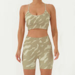 Buddha Stones 2Pcs Camo Print Backless Criss-Cross Strap Top Bra Shorts Leggings Pants Fitness Yoga Outfit Set 2-Piece Outfit BS Yellowgreen 2Pcs(Top&Shorts) L