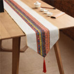 Buddha Stones Classic Chinese Style Lotus Koi Fish Flower Crane Calligraphy Enlightenment Cotton Linen Tassels Table Runner Table Runner BS Beige Red Colorful 30*180cm