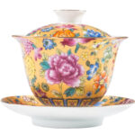 Buddha Stones Peony Flowers Ceramic Gaiwan Sancai Teacup Kung Fu Tea Cup And Saucer With Lid Cup BS 9