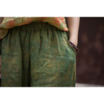 Buddha Stones Green Yellow Ramie Linen Flexible Waistband Wide Leg Pants With Pockets Women's Wide Leg Pants BS 10