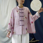 Buddha Stones Pink Flower Print Frog-button Design Batwing Long Sleeve Ramie Linen Jacket Shirt Women's Shirts BS 13