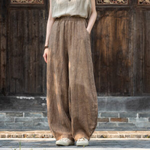 Buddha Stones Ramie Cotton Linen Pants Tie-dye Design Trousers Loose Zen Yoga Women's Pants with Pockets Pants BS Brown(Fleece Lined)) L(Waist 68-100cm/Hips 116cm/Suitable for Weight 70kg)