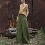Buddha Stones Green Yellow Ramie Linen Flexible Waistband Wide Leg Pants With Pockets Women's Wide Leg Pants BS 27