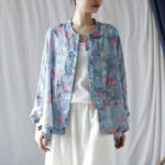 Buddha Stones Pink Flowers Green Leaves Print Frog-button Design Long Sleeve Ramie Linen Jacket Shirt Women's Shirts BS 4