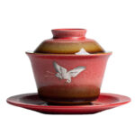Buddha Stones Red Auspicious Crane Ceramic Gaiwan Sancai Teacup Kung Fu Tea Cup And Saucer With Lid Cup BS 13